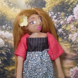 Sue - Doll with blonde hair and yellow rose